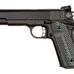 Black semi-automatic pistol shown from the left, with a textured gray grip and compact slide profile.