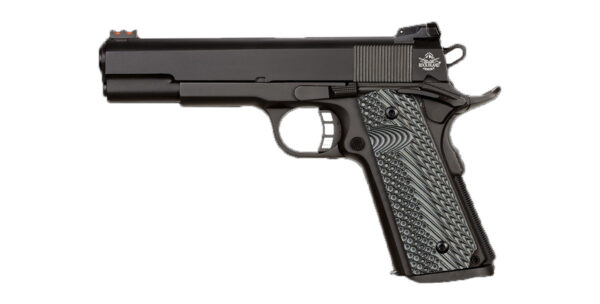 Black semi-automatic pistol shown from the left, with a textured gray grip and compact slide profile.