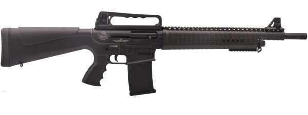 Black semi-automatic rifle shown in profile against a white background, with a long barrel, Picatinny upper rail, and a detachable magazine inside a modular handguard regime.