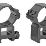 Pair of scope rings for a riflescope, shown from a side/front angle in gray/black finishes.