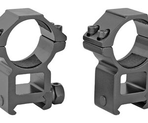 Pair of scope rings for a riflescope, shown from a side/front angle in gray/black finishes.