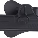 Black plastic belt clip holster with a curved latch mechanism and a raised logo, designed to attach a device to a belt or strap