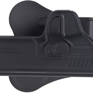 Black plastic belt clip holster with a curved latch mechanism and a raised logo, designed to attach a device to a belt or strap