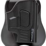 Black pistol holster with belt paddle attachment; Bulldog brand logo visible on the side.