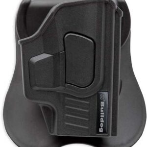 Black pistol holster with belt paddle attachment; Bulldog brand logo visible on the side.