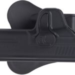 Black plastic mounting clip with a curved latch, likely an accessory to attach a device to a bike or handlebar.