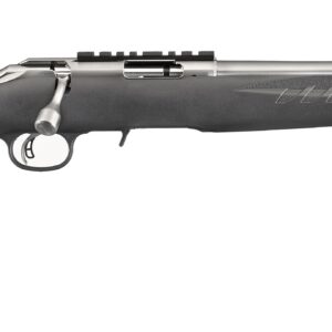 Bolt-action rifle with a long barrel and black synthetic stock, shown from the side with a scope rail.