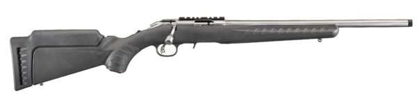 Bolt-action rifle with a long barrel and black synthetic stock, shown from the side with a scope rail.