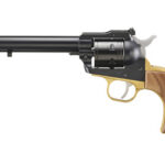 Single-action revolver with a long barrel and wooden grip, shown in profile.