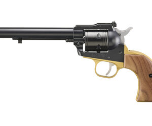 Single-action revolver with a long barrel and wooden grip, shown in profile.
