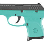 Turquoise Ruger LCP semi-automatic pistol shown in profile with a black slide.