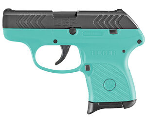 Turquoise Ruger LCP semi-automatic pistol shown in profile with a black slide.