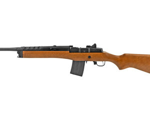 Bolt-action rifle with a wooden stock, metal barrel, and a curved detachable magazine on a white background.