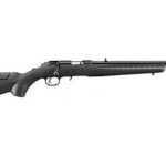 Side view of a black bolt-action rifle with a long barrel and ergonomic stock.