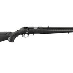 Long-barreled rifle with a black finish and a fixed stock.