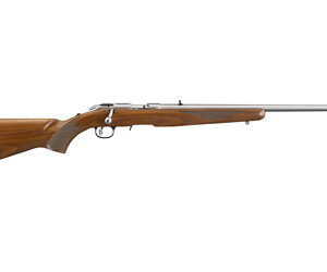 Bolt-action rifle with a wooden stock and long metal barrel, shown in profile (side view).