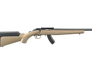 Tan hunting rifle with a black barrel, scope rail on top, and a curved magazine, lying horizontally.