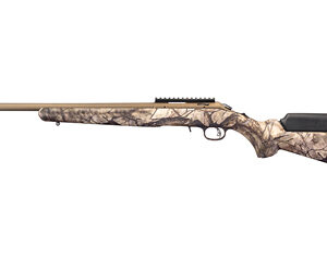 Camouflage-pattern hunting rifle with a long barrel, beige-brown stock, and top Picatinny rail.