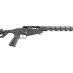 Long-barreled rifle with an adjustable stock, pistol grip, and vented, free-floating handguard viewed from the side.