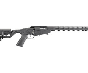 Long-barreled rifle with an adjustable stock, pistol grip, and vented, free-floating handguard viewed from the side.