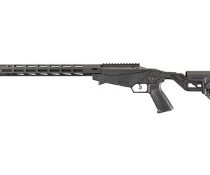 Black AR-style semi-automatic rifle with a long vented handguard and adjustable stock.