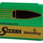 Green metal ammo tin labeled '100 RIFLE BULLETS' with Sierra MatchKing branding on a yellow label.