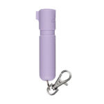 Lavender-colored cylindrical USB flash drive on a keychain with a metal clip.