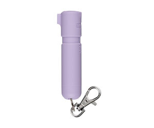 Lavender-colored cylindrical USB flash drive on a keychain with a metal clip.
