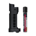 Black plastic magazine or grip with a vertical slot next to a small CO2 cartridge-like canister. Ready for insertion into a device that uses gas power.