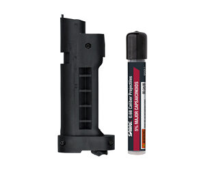 Black plastic magazine or grip with a vertical slot next to a small CO2 cartridge-like canister. Ready for insertion into a device that uses gas power.