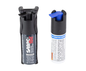 Two practice inhalers for inhaler technique training: a black inhaler with gray mouthpiece and a white inhaler with a blue cap.