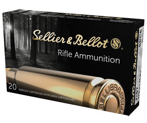 Box of Sellier & Bellot rifle ammunition, 20 cartridges, with a copper cartridge pictured on the front.
