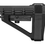 Black adjustable rifle stock with a skeletal frame and textured contact surface on the recoil butt area.