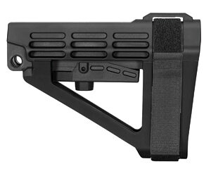 Black adjustable rifle stock with a skeletal frame and textured contact surface on the recoil butt area.