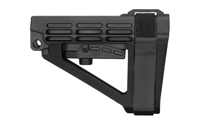 Black adjustable rifle stock with a skeletal frame and textured contact surface on the recoil butt area.