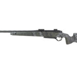 Camouflage-pattern bolt-action rifle with a long barrel against a white background.