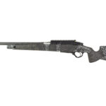 Camouflaged hunting rifle with a long barrel and synthetic stock