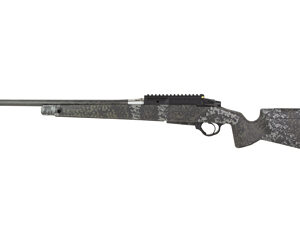 Camouflaged hunting rifle with a long barrel and synthetic stock
