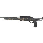 Camouflage-pattern rifle with long barrel and adjustable stock, shown in profile.