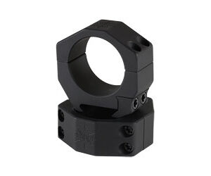 Two-piece black scope ring mount with circular ring for attaching a rifle scope to a base