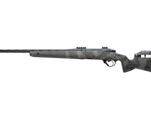 Bolt-action hunting rifle with long barrel, camouflage stock, and scope mounts, shown isolated on white.]