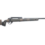 Camouflage-pattern bolt-action hunting rifle photographed in profile from the side