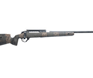Camouflage-pattern bolt-action hunting rifle photographed in profile from the side
