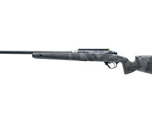 Camouflage-pattern bolt-action rifle with a long barrel and scope rail, viewed from the left.