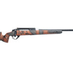 Bolt-action hunting rifle with orange camouflage stock, pointing to the right.