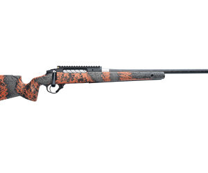 Bolt-action hunting rifle with orange camouflage stock, pointing to the right.