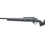 Bolt-action rifle with a long barrel and camouflaged stock, shown in side profile.