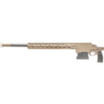 Profile view of a tan modular rifle with a suppressor, long handguard, and adjustable stock.