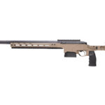Tan modern sporting rifle with a long barrel, rail handguard, and adjustable stock shown in profile.