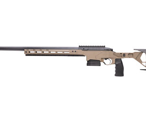 Tan modern sporting rifle with a long barrel, rail handguard, and adjustable stock shown in profile.